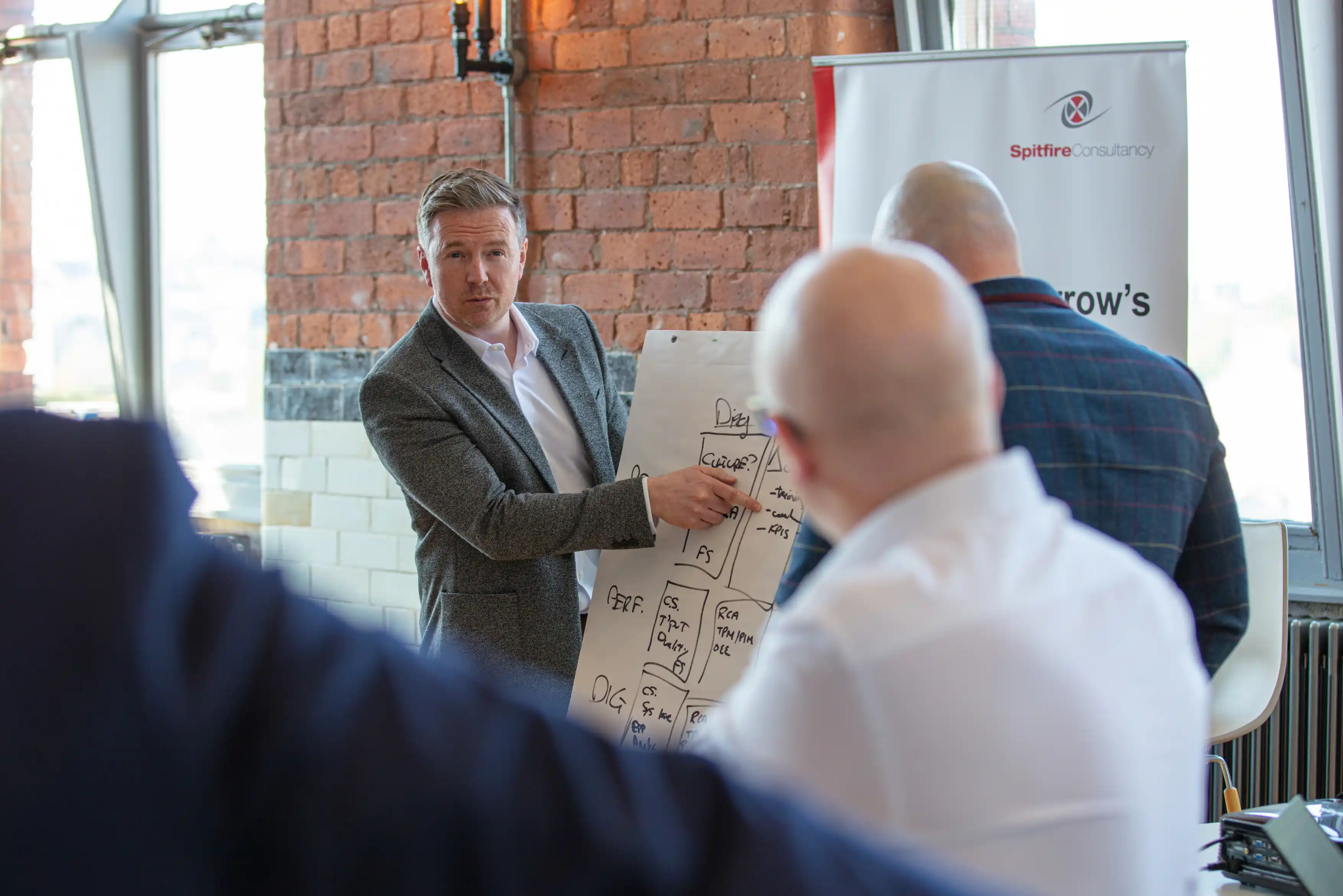 A Spitfire facilitator mapping improvements at a flip chart